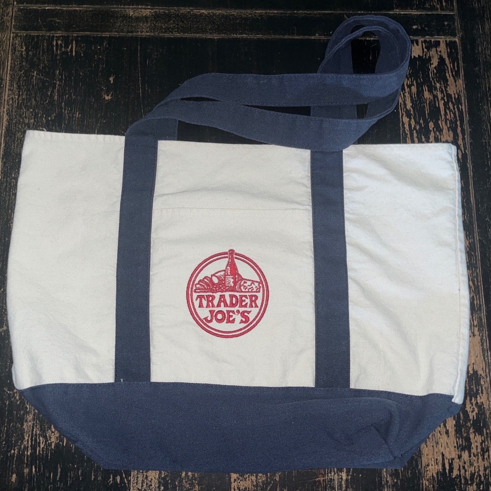 Trader Joe's Canvas Tote Bag Navy Blue Cream Embroidered Logo Reusable Grocery